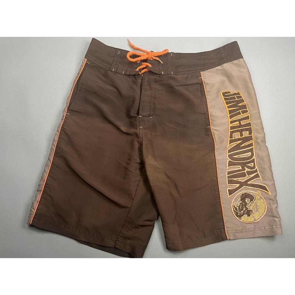 Vintage Jimi Hendrix Swim Shorts Trunk Embroidered Brown Mens 32 Playing Guitar